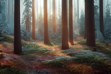 Peaceful scenery of a forest with tall trees