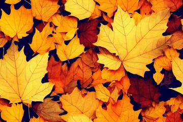 Closeup of beautiful autumn orange leaves on a ground - obrazy, fototapety, plakaty