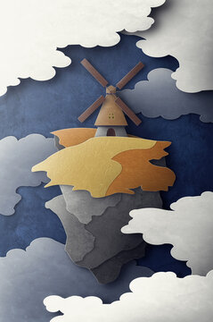Windmill on flying island illustration