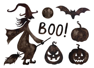 Obraz premium Watercolor halloween set, scary, smiling pumpkins, black silhouettes, witch, bat isolated on white background.