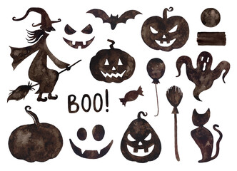 Watercolor set of halloween scary, smiling pumpkins, black silhouettes, witch, ghost, bat isolated on white background.