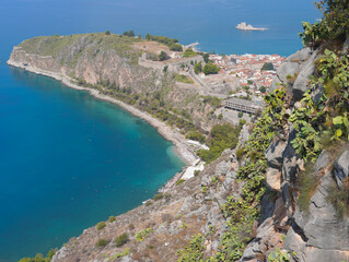 Nauplio, Greece panoramic from above with beaches, blue waters and clear skies  