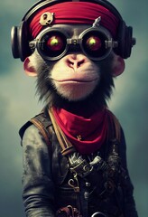 Porträt eines brutalen Affenpiraten. Mittelalterlicher Piratenaffe in einem Vintage-Kostüm vor einem Waldhintergrund. 3D-Rendering. © designprojects