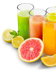 Naklejka na ściany i meble Tasty fruits and juice with vitamins on background
