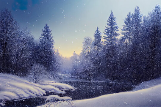 Snowy landscape of nature in winter. Winter snow scene. Snow covered trees in winter time. Snowy winter nature