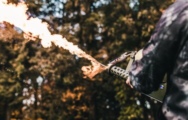 A flamethrower being used outside