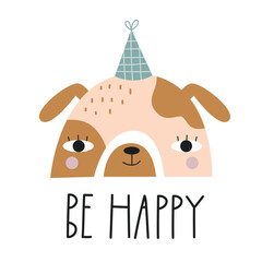 Cute rainbow with dog face and lettering BE HAPPY. Nursery art. Vector illustration