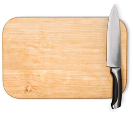 Wooden cutting board and knife isolated on a white background