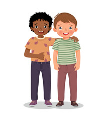 Two happy cute little boys best friend hugging each others