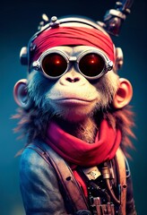 Porträt eines brutalen Affenpiraten. Mittelalterlicher Piratenaffe in einem Vintage-Kostüm vor einem Waldhintergrund. 3D-Rendering. © designprojects