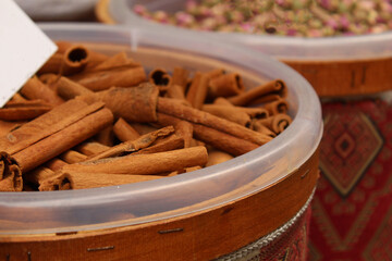 Cinnamon sticks in a sack at the store