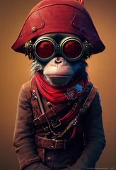 Porträt eines brutalen Affenpiraten. Mittelalterlicher Piratenaffe in einem Vintage-Kostüm vor einem Waldhintergrund. 3D-Rendering. © designprojects