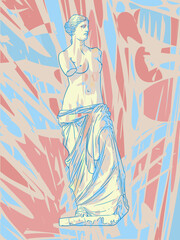 Ancient Greek sculpture, statue of the goddess Venus de Milo. Vector illustration on a blue, beige and pink background. Mosaic stylized style with intersecting patches. EPS - 10. © shchus