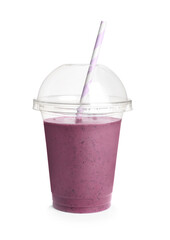 Plastic cup of tasty blackberry smoothie on white background
