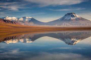 Idyllic Lake Lejia reflection and volcanic landscape in Atacama desert, Chile