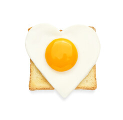 Tasty fried egg in shape of heart with toast isolated on white, top view