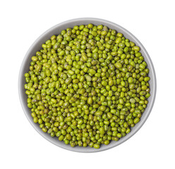Bowl with green mung beans isolated on white, top view