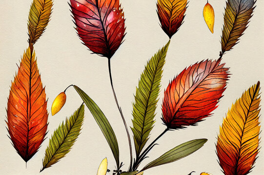 Fox autumn leaves berries yellow glade spikelets grass Watercolor hand drawn clipart