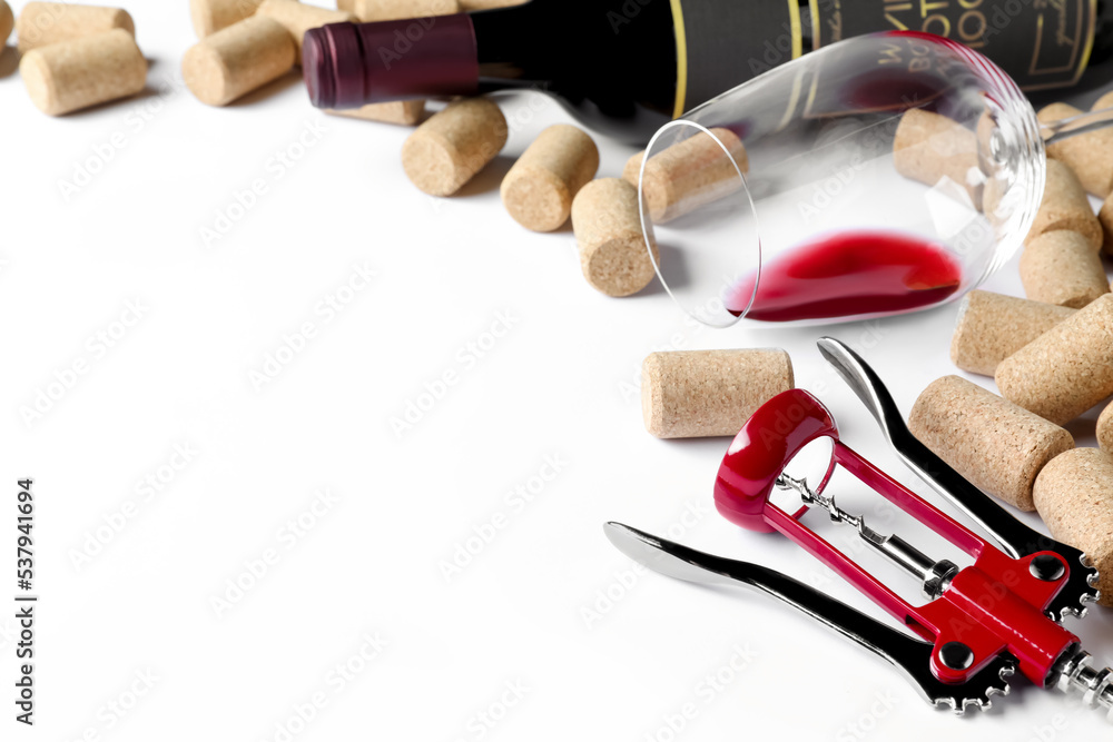 Sticker Corkscrew with wine bottle, glass and stoppers on white background