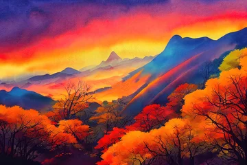 Abstract watercolor painting View over tops of mixed autumn forest landscape Warm and vibrant sunset colors 3D illustration