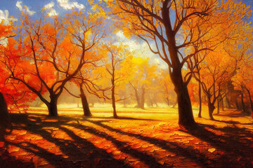 Naklejka na ściany i meble Oil painting on canvas. Autumn landscape. Modern impressionism.