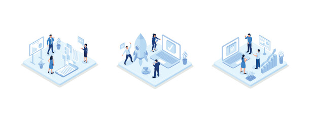Green energy illustration set. Characters showing eco private house, electric car and green circular economy benefits. Renewable energy concept, set isometric vector illustration