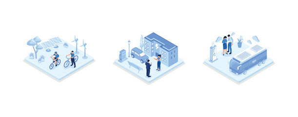 Sustainable transportation illustration set. Private electric vehicle near charging station, e-bike and public transport in modern city. Eco friendly vehicle concept, set isometric vector illustration