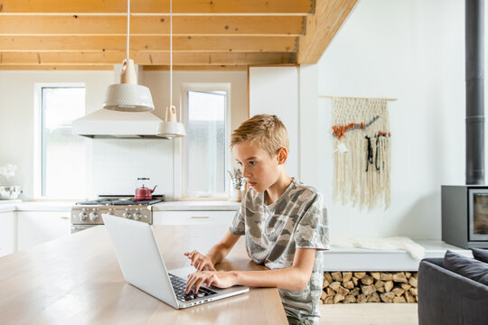 Teenager On Laptop In Kitchen