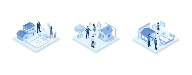 Mortgage process illustration set. People buying property with mortgage. Characters getting bank approval, reading contact and legal documents and receiving house keys, set isometric vector illustrati