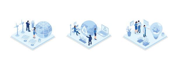 Sustainability illustration set. ESG, green energy, sustainable industry with windmills and solar energy panels. Environmental, Social, and Corporate Governance concept, set isometric vector illustrat