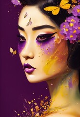Fototapeta na wymiar A fictional person, not based on a real person. Abstract colorful portrait of a pretty geisha with beautiful makeup and butterflies. Fashionable cute woman. Creative beautiful girl. 3d rendering