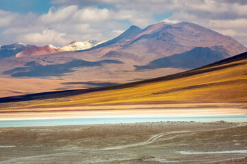 Laguna Blanca, white Lagoon at dramatic sky in Altiplano of Bolivia