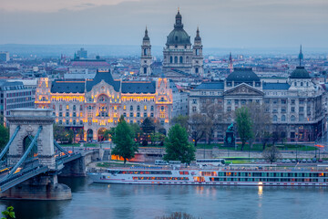 Skyline of Budapest with illuminated cityscape and Basilica at dawn, Hungary