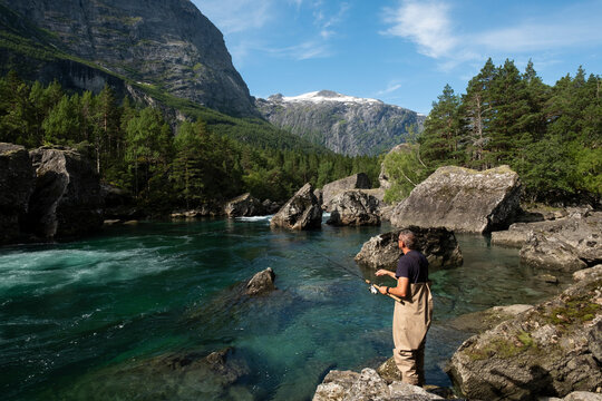 Salmon fishing in the river, Norway