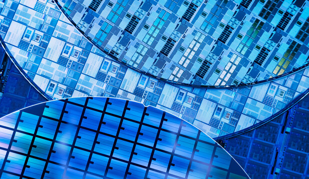 Silicon Wafer with microchips used in electronics for the fabrication of integrated circuits.