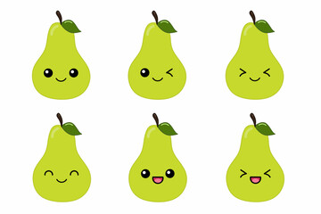 Vector illustration of cute pear cartoon character isolated on white background. Fruit cartoon set with kawaii smiling emoji.