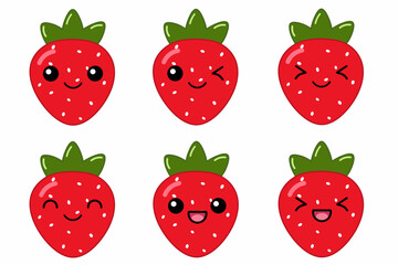 Vector illustration of cute strawberry cartoon character isolated on white background. Fruit cartoon set with kawaii smiling emoji.