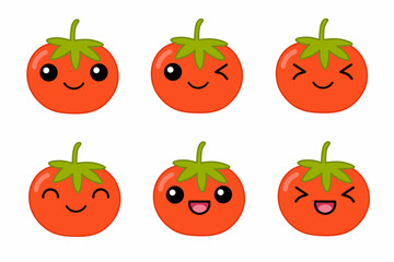 Vector illustration of cute tomato cartoon character isolated on white background. Fruit cartoon set with kawaii smiling emoji.