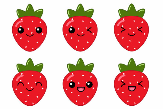 Vector illustration of cute strawberry cartoon character isolated on white background. Fruit cartoon set with kawaii smiling emoji.