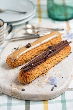 Chocolate and coffee eclairs