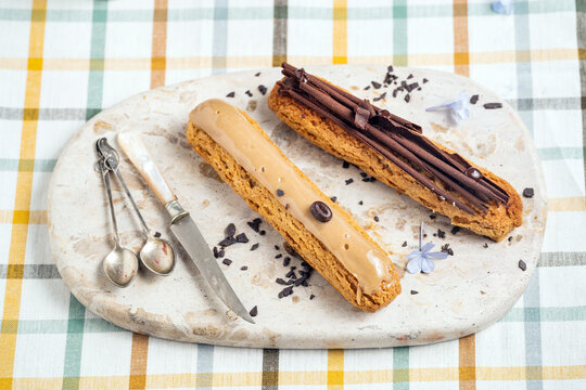 Chocolate and coffee eclairs