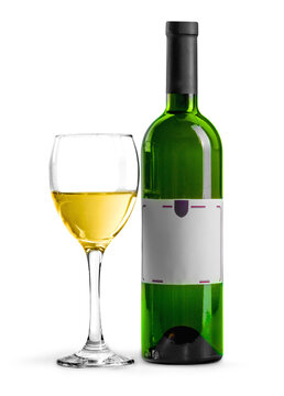 White wine bottle and glass on white background