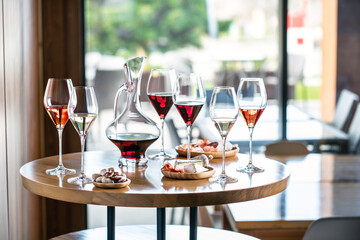 Variety of wines in different shaped glasses