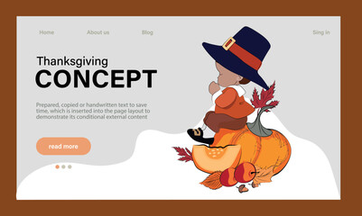 Happy Thanksgiving holiday vector design template for websites, posters, banners. Happy Thanksgiving with traditional food, turkey, pies, pumpkins and fruits. Vector website template