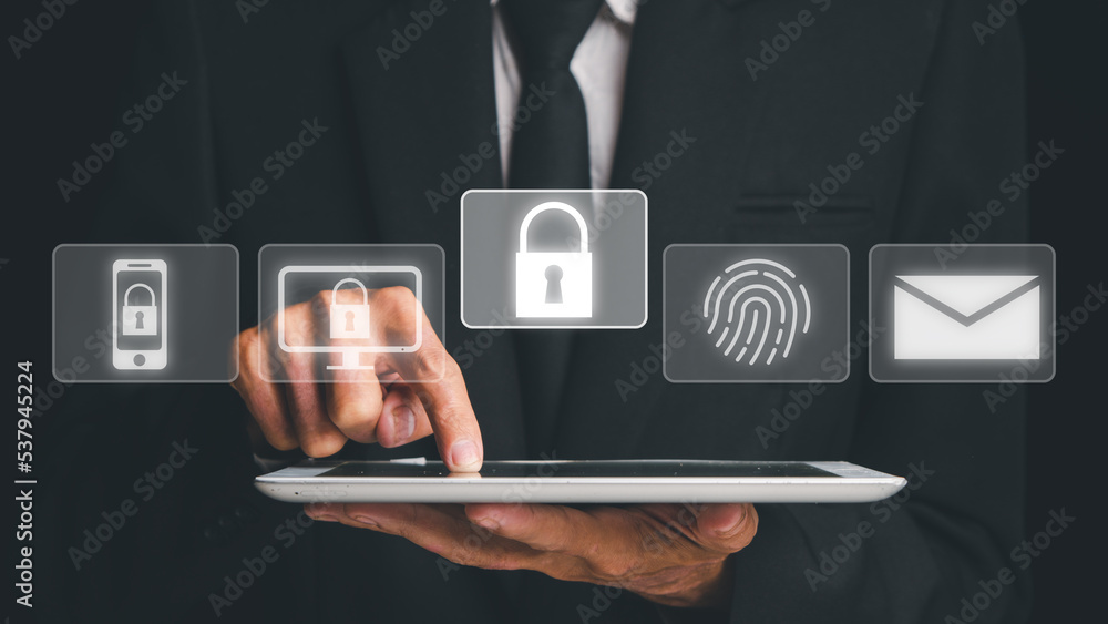 Poster cyber security, digital crime concept, person using digital tablet, cybersecurity expert working on 