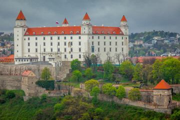 Bratislava aerial panoramic view with Slovakia Flag, Eastern Europe