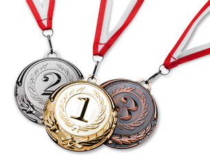 Gold, silver and bronze medals with ribbons