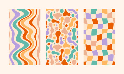 Groovy Hippie 70s Backgrounds Set. Vector Psychedelic Wallpapers: Wavy Stripes, Lava Lamp Fluid Shapes, Checkerboards - 537946241