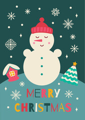 Merry Christmas. Vector card template with snowman