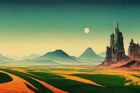 Illustration of a fantastic landscape with fields, mounatins ranges and a mystical castle
